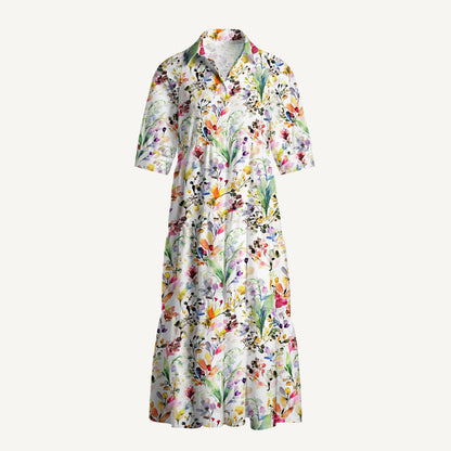 V Neck Collared Watercolor Wildflower Garden Print Casual Midi Dress With Pockets