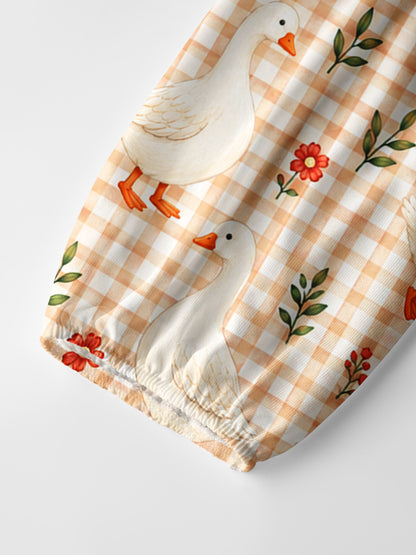 Country Gingham Garden Geese Print Boho Long Sleeve Tie‑Neck Blouse