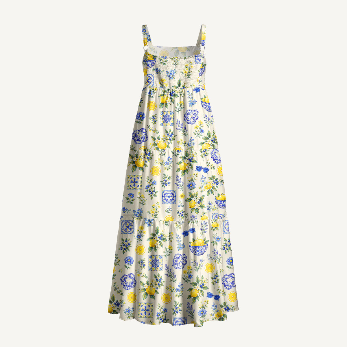 Mediterranean Lemon Garden Print Wide Straps Maxi Dress With Pockets