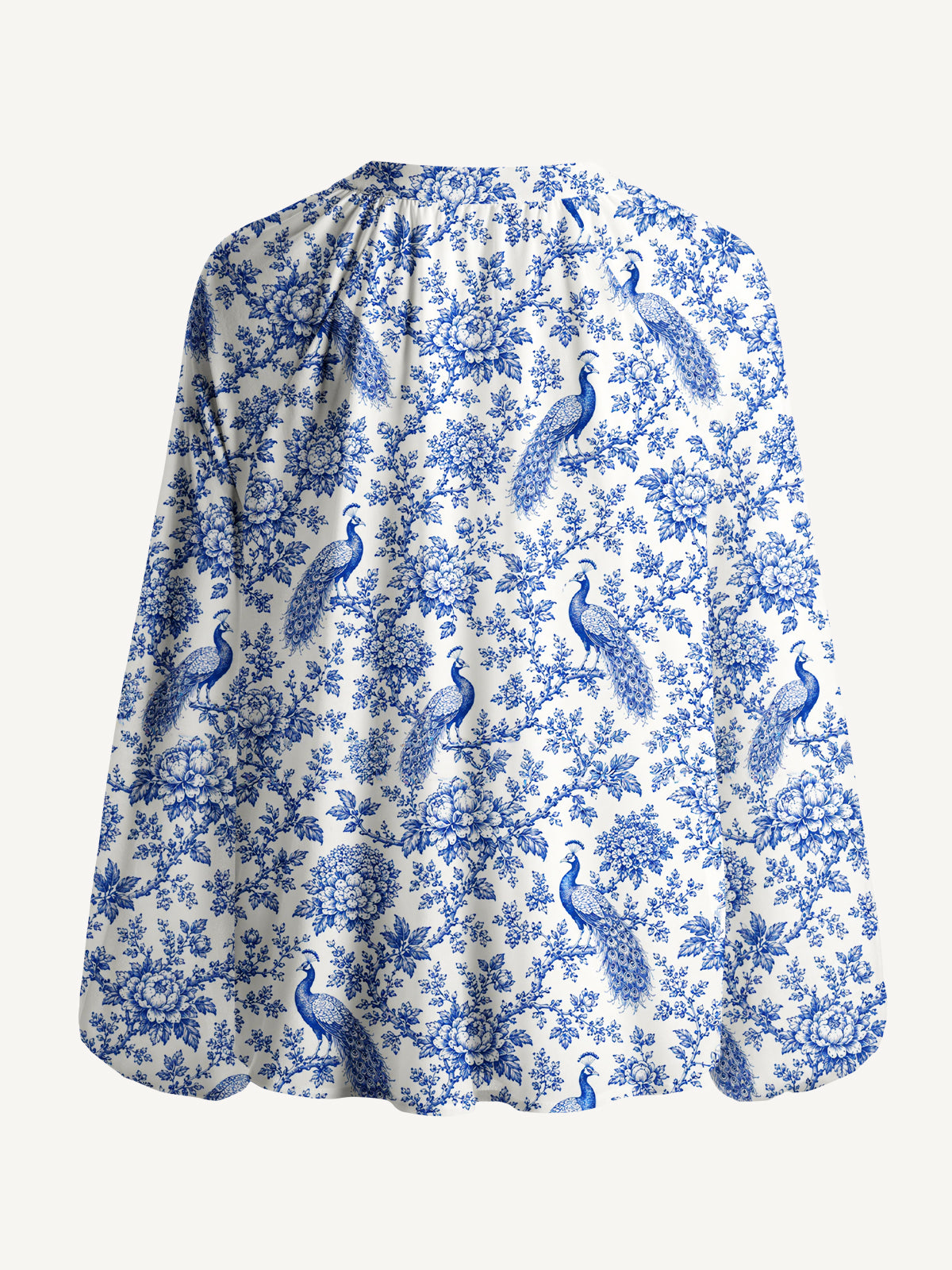 Blue Chinoiserie Peacock and Bloom Toile Print Boho Long Sleeve Tie‑Neck Blouse