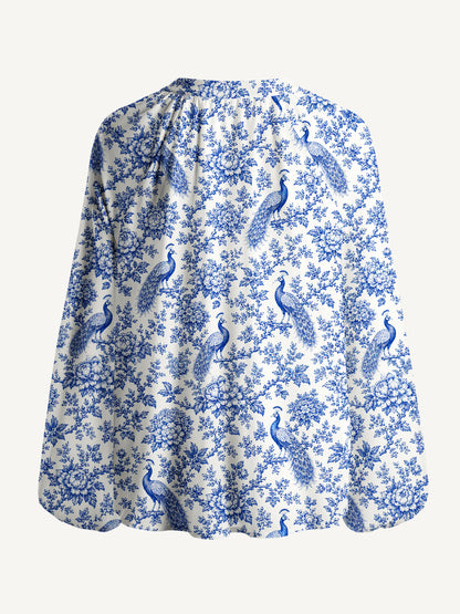 Blue Chinoiserie Peacock and Bloom Toile Print Boho Long Sleeve Tie‑Neck Blouse