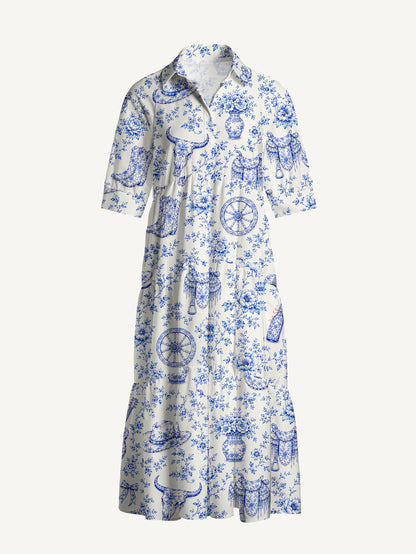V Neck Collared Blue Prairie Toile Print Casual Midi Dress With Pockets