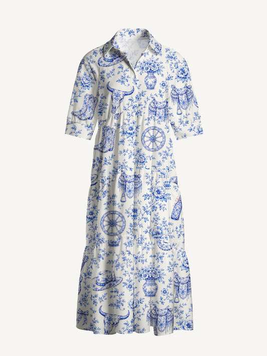 V Neck Collared Blue Prairie Toile Print Casual Midi Dress With Pockets