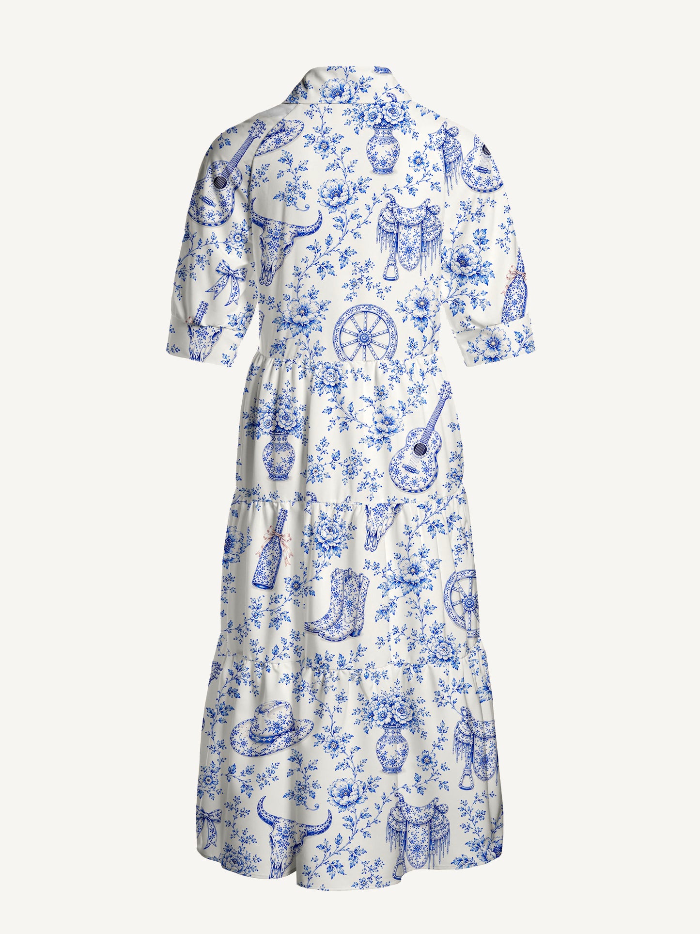 V Neck Collared Blue Prairie Toile Print Casual Midi Dress With Pockets
