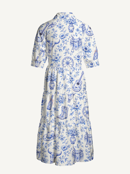 V Neck Collared Blue Prairie Toile Print Casual Midi Dress With Pockets