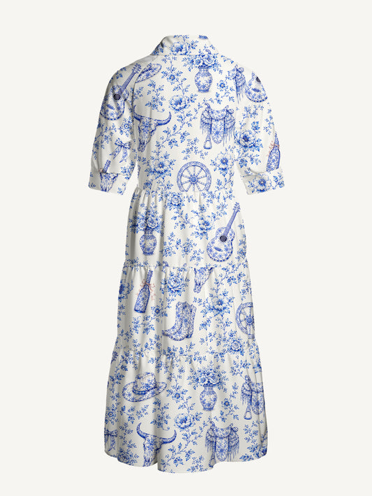 V Neck Collared Blue Prairie Toile Print Casual Midi Dress With Pockets