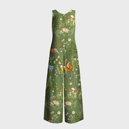 Whimsical Woodland Animals Print Boho Jumpsuit with Pockets for Women