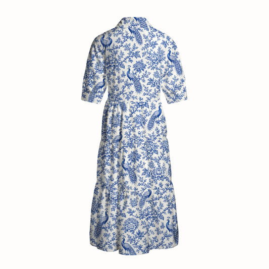 V Neck Collared Blue Chinoiserie Peacock and Bloom Toile Print Casual Midi Dress With Pockets