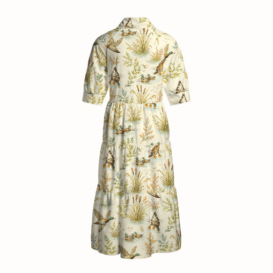 V Neck Collared Duck Hunting Marsh Print Casual Midi Dress With Pockets