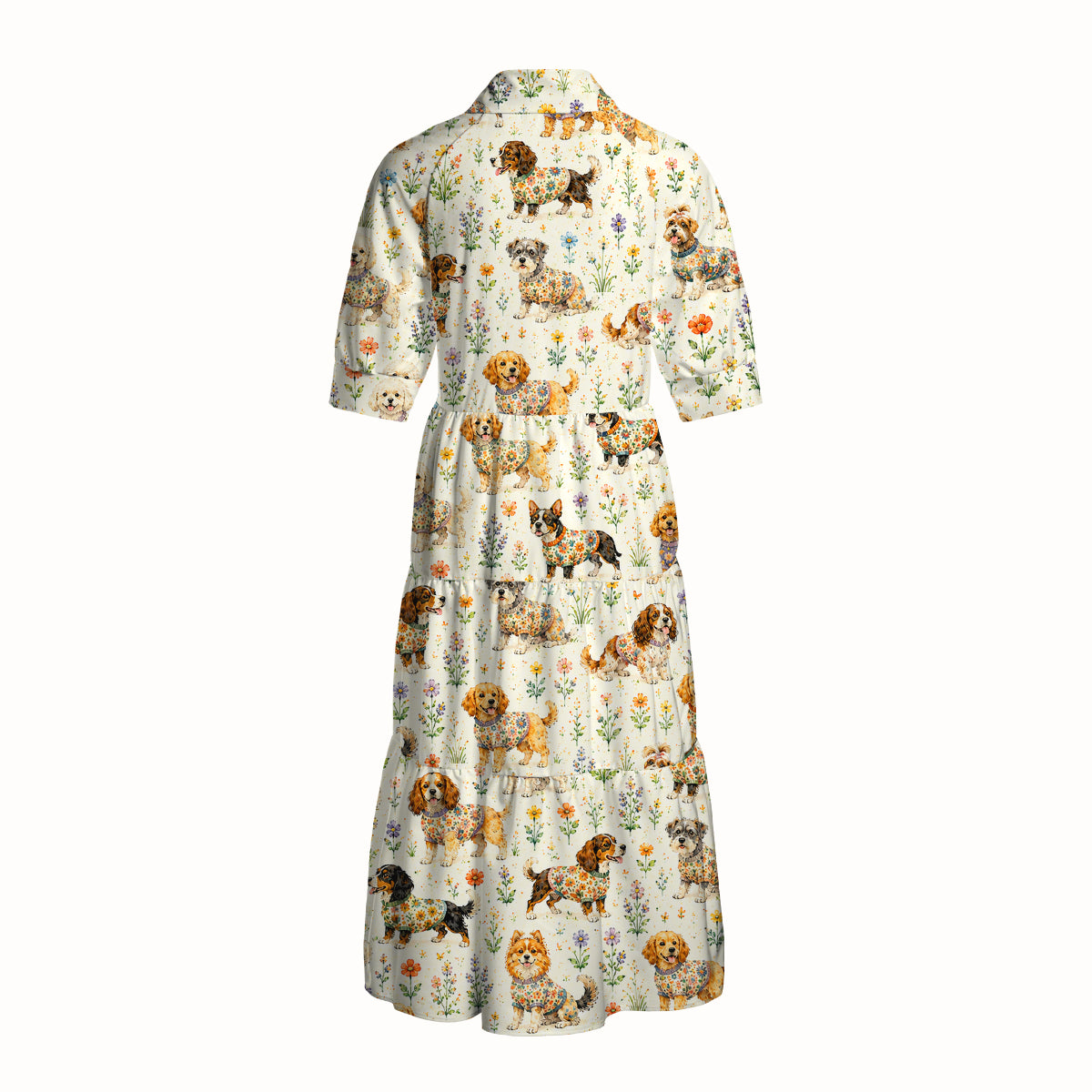 V Neck Collared Cute Dog Garden Print Casual Midi Dress With Pockets