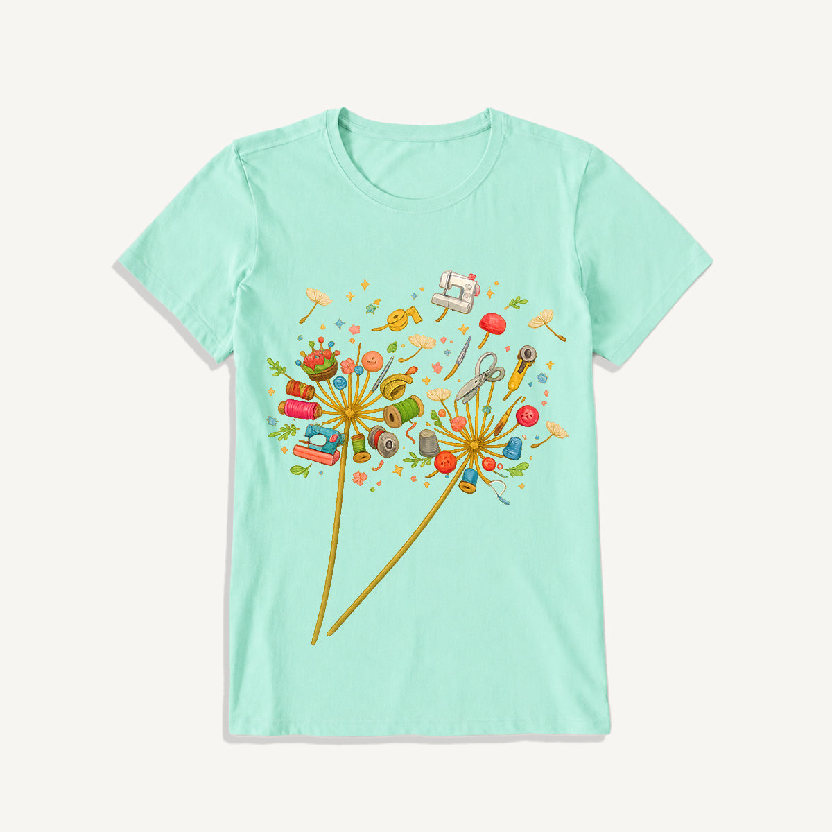 Sewing Tool Dandelion Art Print Crew Neck Cotton Tee