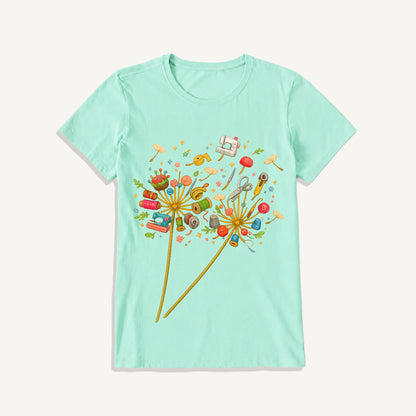 Sewing Tool Dandelion Art Print Crew Neck Cotton Tee