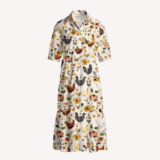 V Neck Collared Watercolor Chicken Floral Print Casual Midi Dress With Pockets