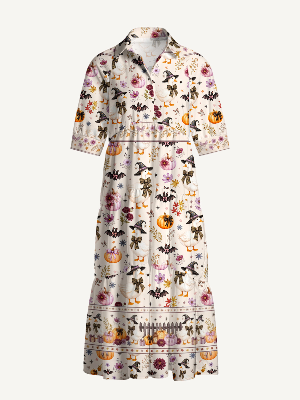 V Neck Collared Rustic Halloween Goose Print Casual Midi Dress With Pockets