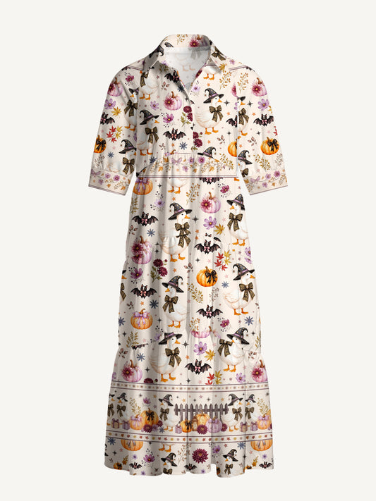 V Neck Collared Rustic Halloween Goose Print Casual Midi Dress With Pockets