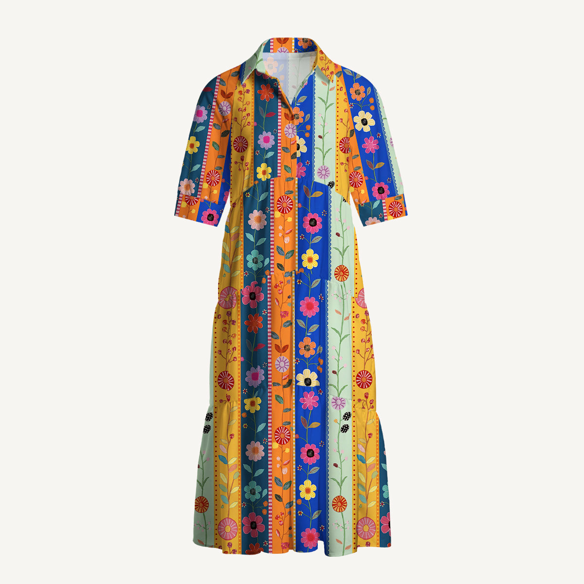 V Neck Collared Rainbow Garden Colorblock Print Casual Midi Dress With Pockets
