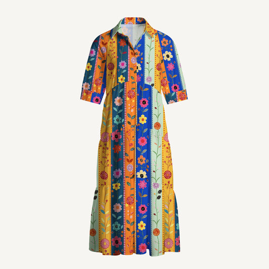 V Neck Collared Rainbow Garden Colorblock Print Casual Midi Dress With Pockets