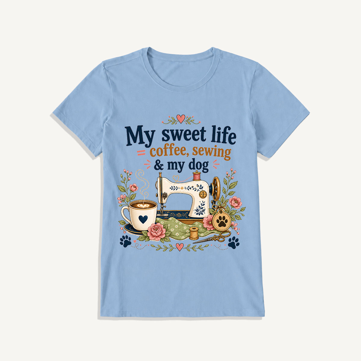 Coffee Sewing and My Dog Print Crew Neck Cotton Tee