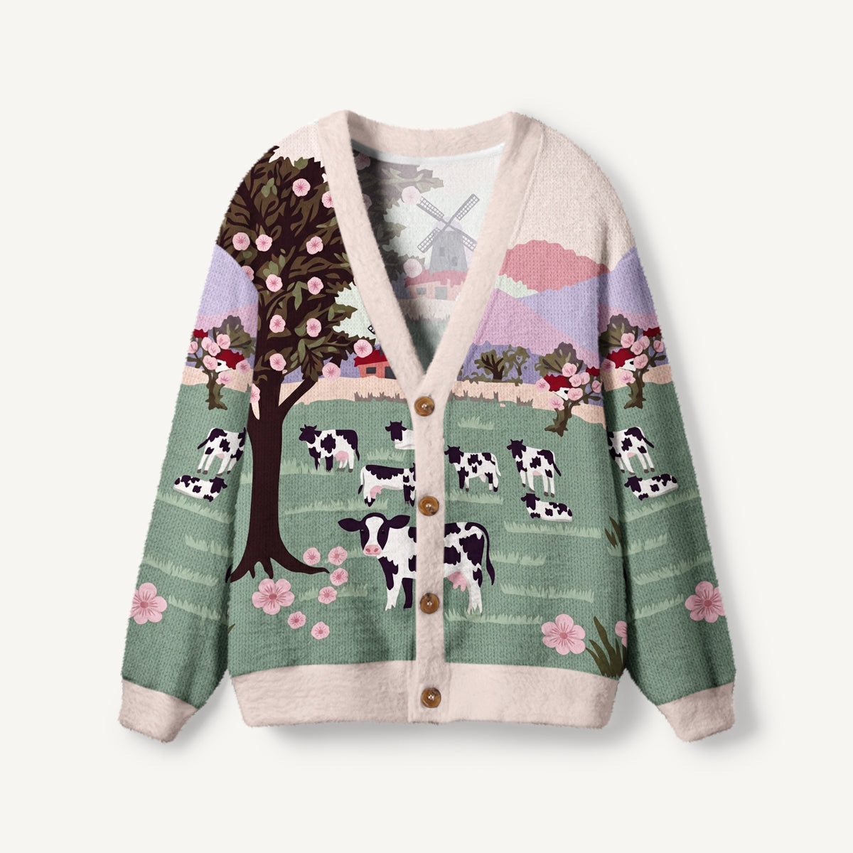 Blossom Pasture Cow & Windmill Print Ugly Cardigan Sweaters