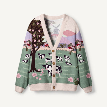 Blossom Pasture Cow & Windmill Print Ugly Cardigan Sweaters