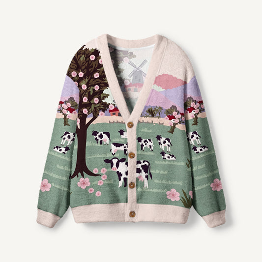 Blossom Pasture Cow & Windmill Print Ugly Cardigan Sweaters