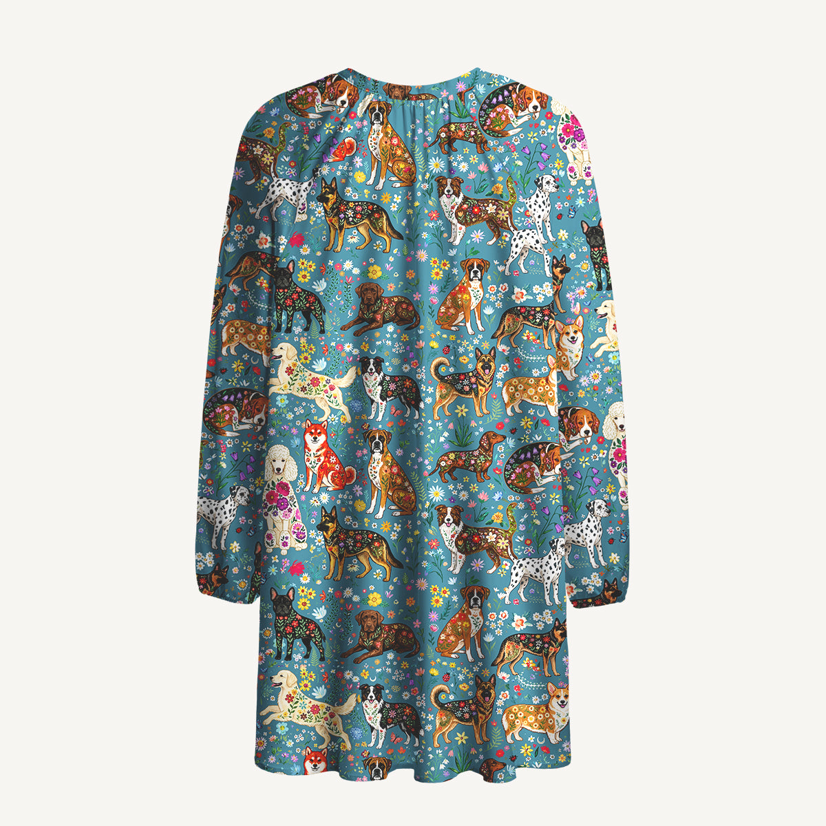 Cute Flower Dog Print Boho Tie‑Neck Smock Mini Dress