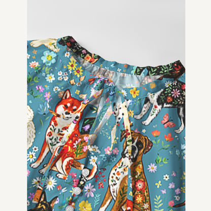 Cute Flower Dog Print Boho Tie‑Neck Smock Mini Dress