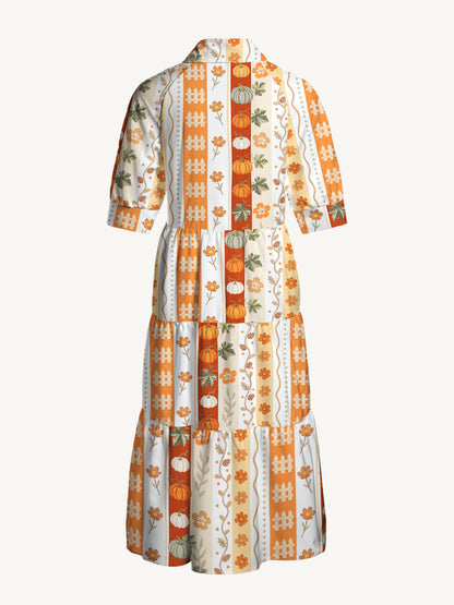 V Neck Collared Autumn Pumpkin Patch Stripe Print Casual Midi Dress With Pockets
