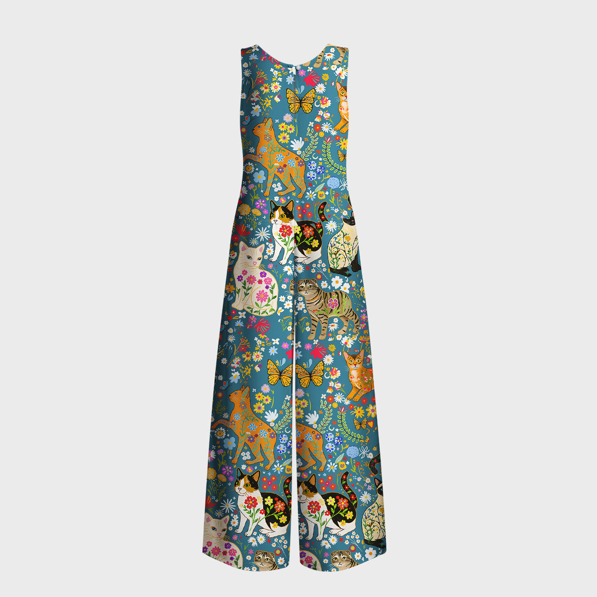 Colorful Garden Cat Pattern Boho Jumpsuit with Pockets for Women