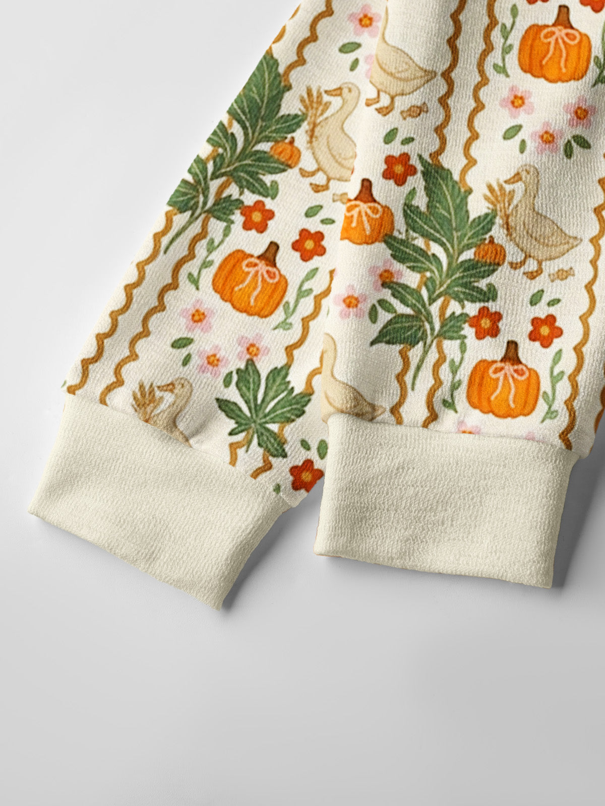 Lightweight Crew Neck Long‑Sleeve Cropped Harvest Goose & Pumpkin Print Fine‑Knit Cardigan