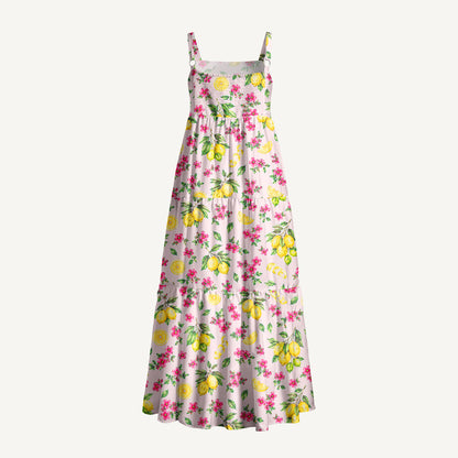 Lemon Garden Print Wide Straps Maxi Dress With Pockets