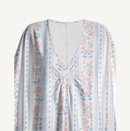 V‑Neck Blue Rose Kimono Sleeve Kaftan Dress
