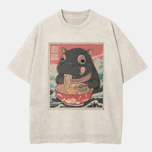 Vintage Moo Deng Hippo Eat Ramen Washed T-Shirt