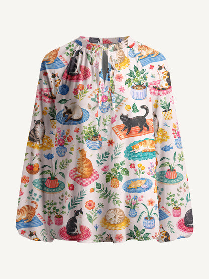 Cozy Garden Cats on Colorful Rugs Print Boho Long Sleeve Tie‑Neck Blouse