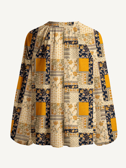 Vintage Mustard and Navy Floral Patchwork Print Boho Long Sleeve Tie‑Neck Blouse