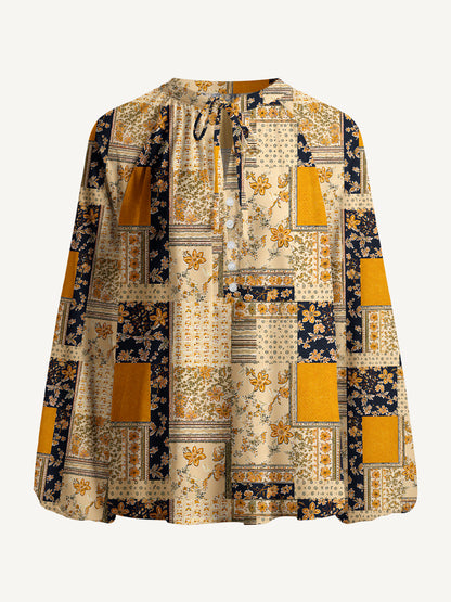 Vintage Mustard and Navy Floral Patchwork Print Boho Long Sleeve Tie‑Neck Blouse