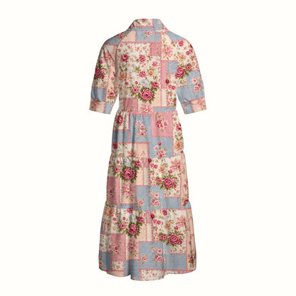 Vintage Pink and Blue Floral Patchwork Print Casual Midi Dress With Pockets