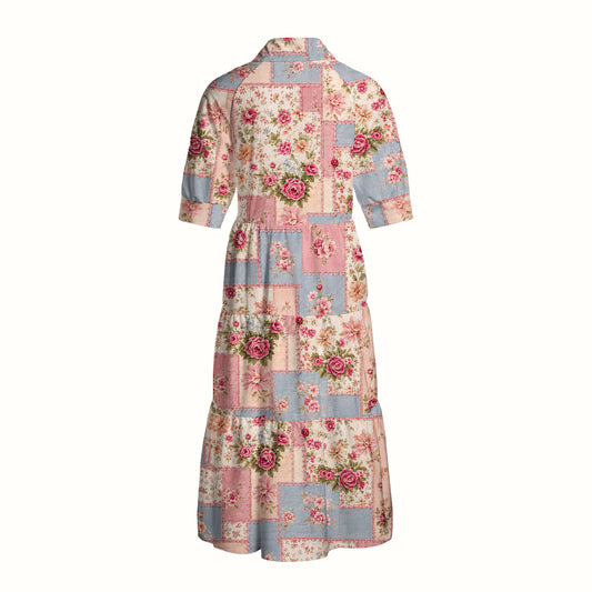 Vintage Pink and Blue Floral Patchwork Print Casual Midi Dress With Pockets