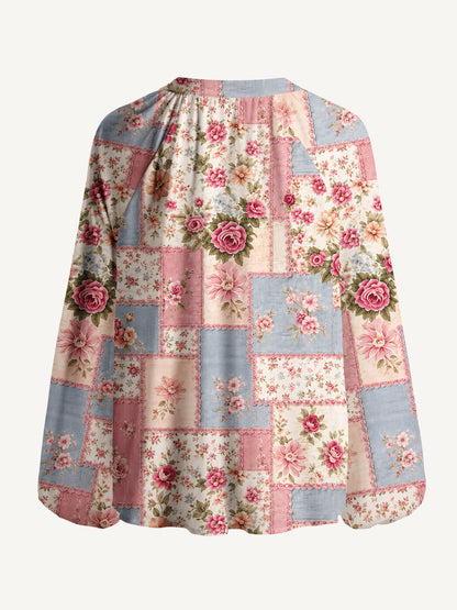Vintage Pink and Blue Floral Patchwork Print Boho Long Sleeve Tie‑Neck Blouse