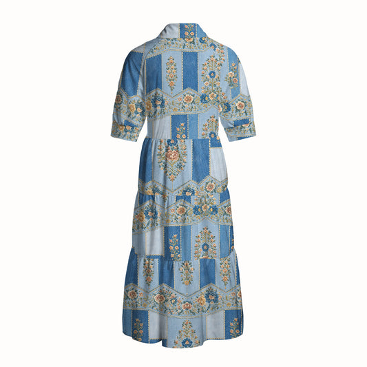V Neck Collared Vintage Blue Tapestry Floral Stripe Print Casual Midi Dress With Pockets