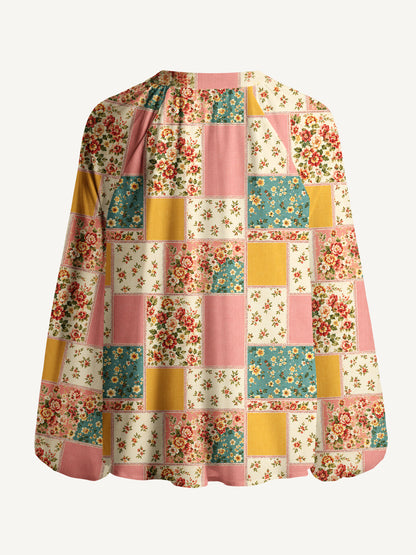 Vintage Pink and Teal Floral Patchwork Print Boho Long Sleeve Tie‑Neck Blouse