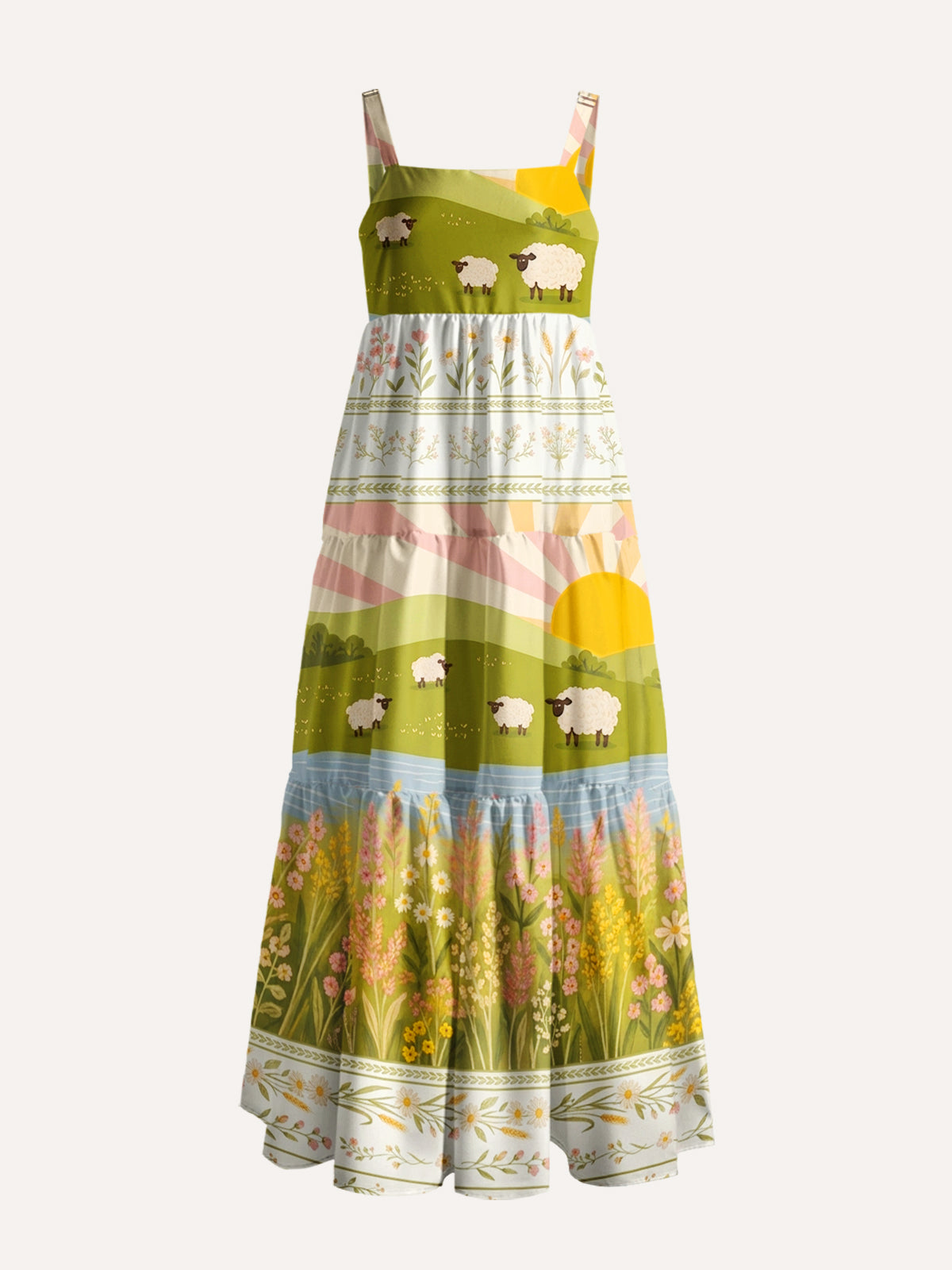Sunrise Meadow Sheep Print Wide Straps Maxi Dress With Pockets