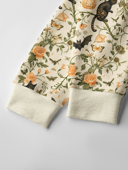 Lightweight Crew Neck Long‑Sleeve Cropped Pastoral Pumpkin Cat Print Fine‑Knit Cardigan