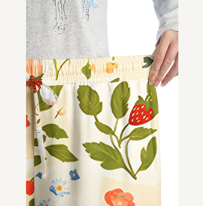 Strawberry Garden Patchwork Print Wide Leg Tie Waist Pants With Pockets