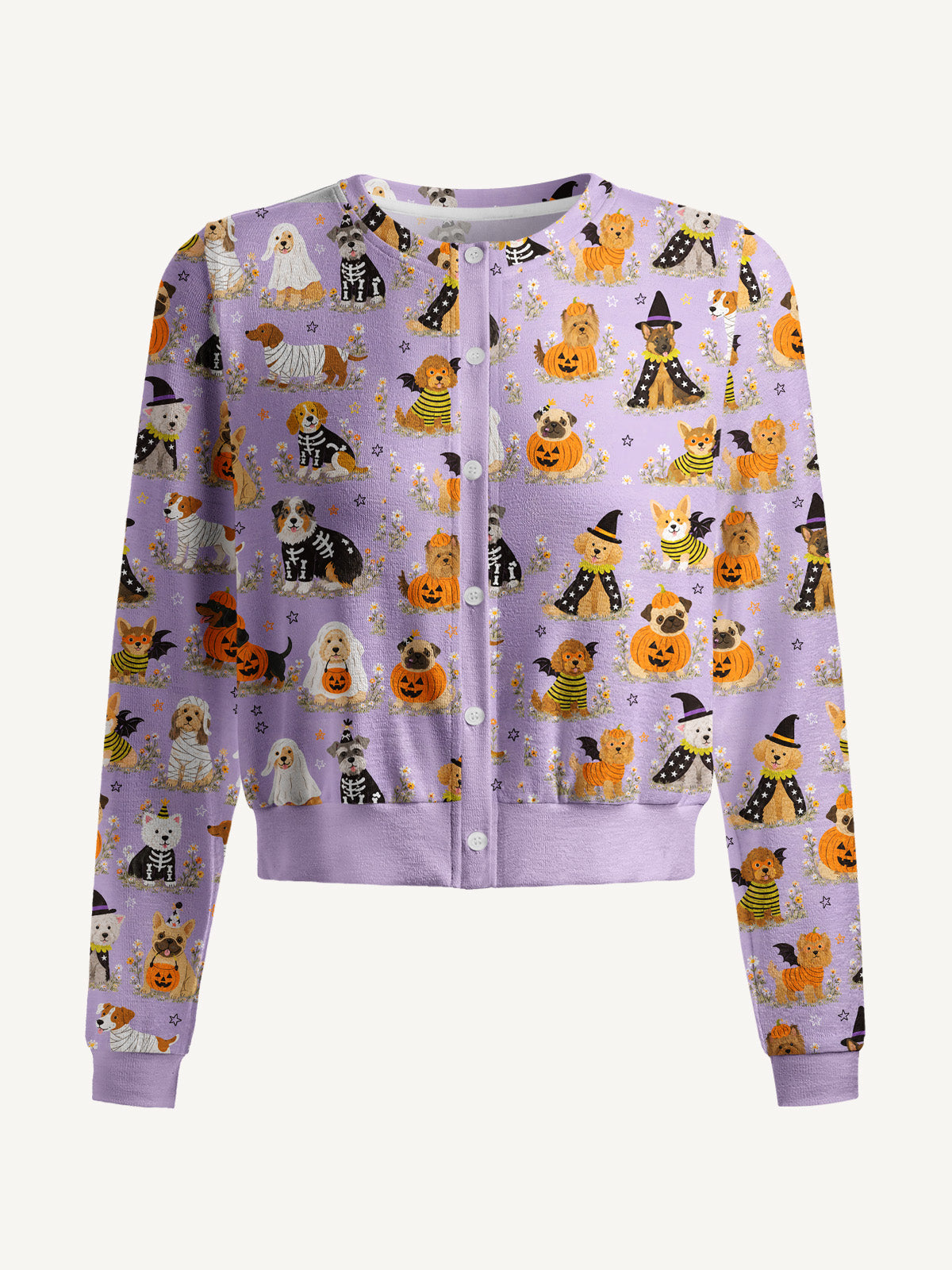 Lightweight Crew Neck Long‑Sleeve Cropped Halloween Puppy Wonderland Print Fine‑Knit Cardigan