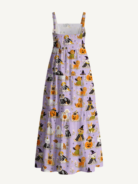 Halloween Puppy Wonderland Print Wide Straps Maxi Dress With Pockets