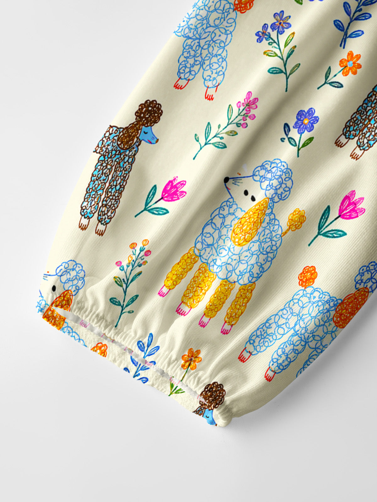 Whimsical Garden Poodles Pattern Print Boho Long Sleeve Tie‑Neck Blouse