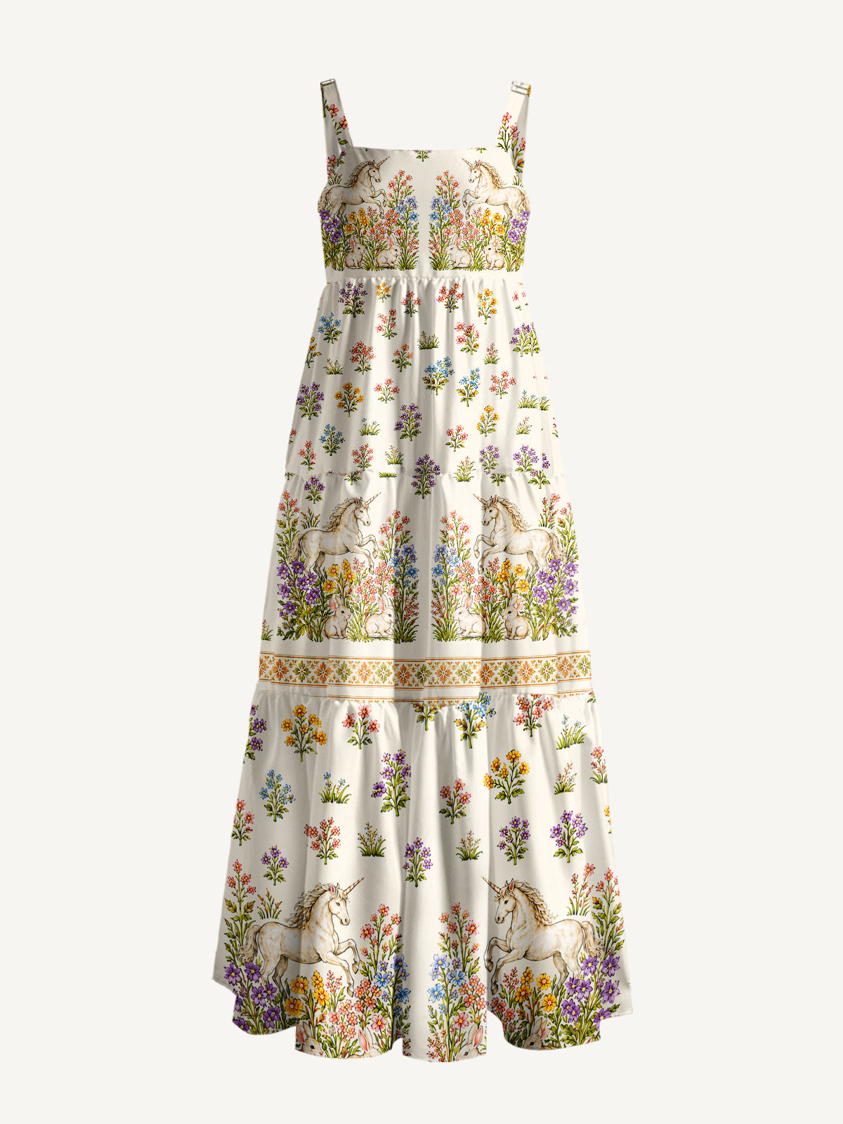Enchanted Unicorn Garden Print Wide Straps Maxi Dress With Pockets