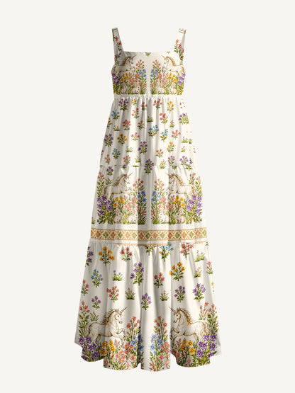 Enchanted Unicorn Garden Print Wide Straps Maxi Dress With Pockets