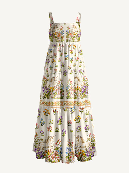 Enchanted Unicorn Garden Print Wide Straps Maxi Dress With Pockets